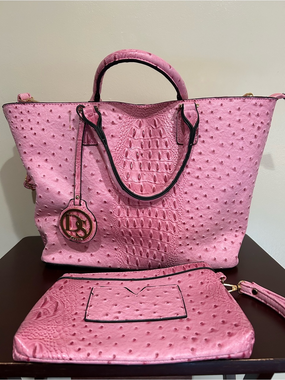 Pink Ostrich-Texture Tote with Matching Wristlet